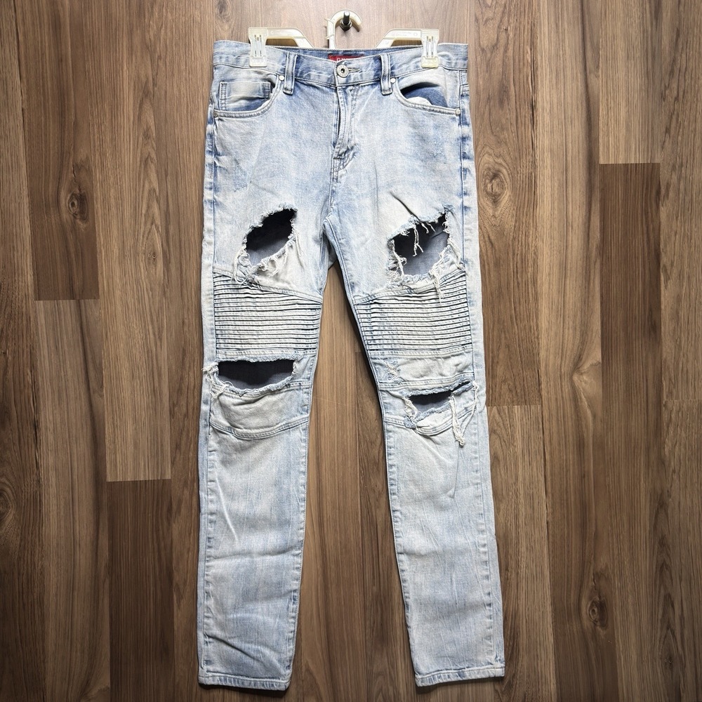 GUESS Men's 32x32 Light Wash Ripped Distressed Skinny Jeans Stretch Denim